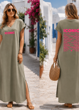 Robe longue kaki fendue sur le côté avec imprimé ICONIC grande taille