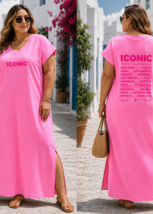 Robe longue grande taille fushia fendue sur le côté avec imprimé ICONIC