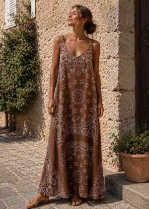 Robe longue à bretelles bandana marron