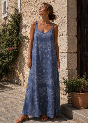 Robe longue à bretelles bandana bleu marine