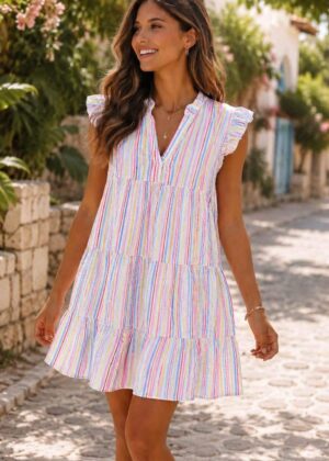 Robe gaze de coton avec imprimé rayures multicolores