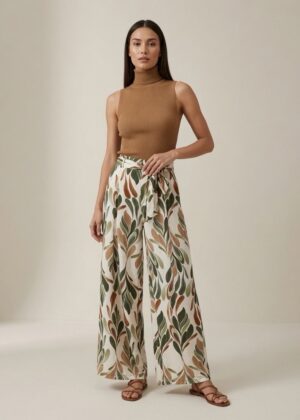 Pantalon fluide kaki et beige avec ceinture