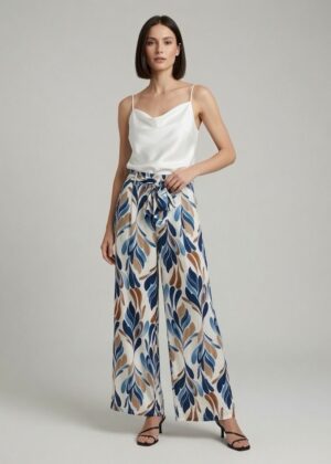Pantalon fluide bleu et beige avec ceinture
