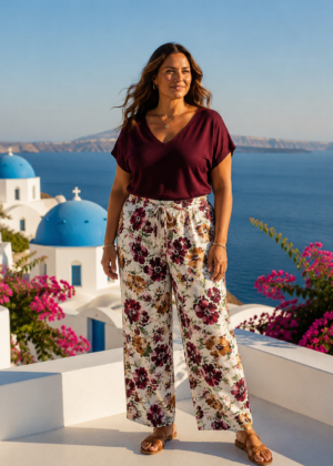 Pantalon fluide fleurs bordeaux