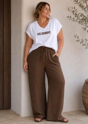 Pantalon gaz de coton marron grande taille