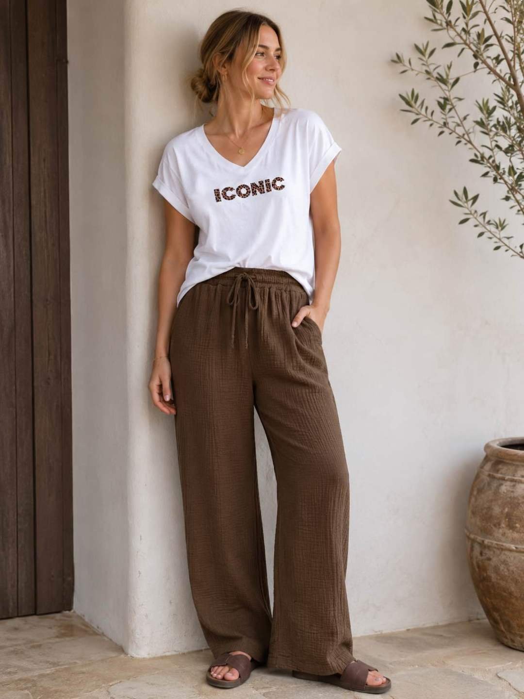 Pantalon gaz de coton marron