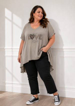 Tunique mi longue grande taille et strass leopard beige