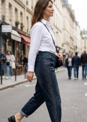 Jeans coupe barrel ballon strass sur le côté