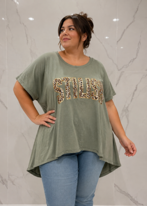 Tunique mi longue grande taille et strass leopard kaki