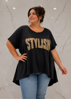 Tunique mi longue grande taille et strass leopard noir