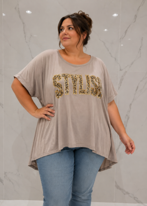 Tunique mi longue grande taille et strass leopard beige