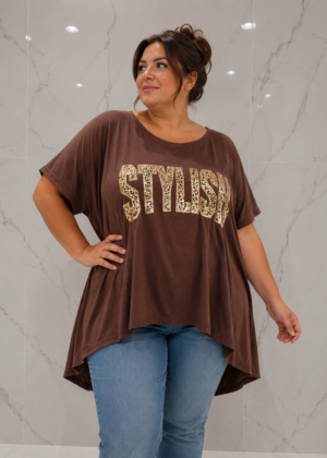 Tunique mi longue grande taille et strass leopard marron