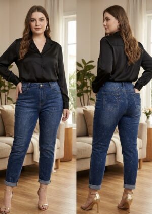 Jeans mom grande taille bleu et paillettes gold or