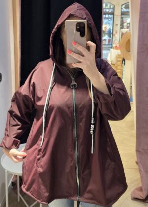 Veste Coupe-Vent parka mi-Longue à Capuche bordeaux