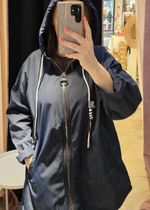 Veste Coupe-Vent parka mi-Longue à Capuche marine