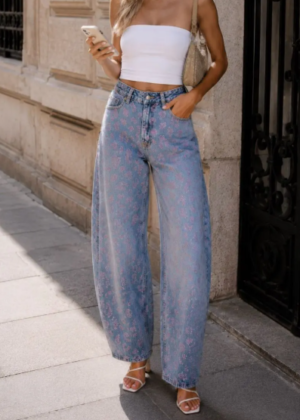 Jean Balloon Fit avec Strass Léopard Rose à l'avant et à l'arrière sur les poches