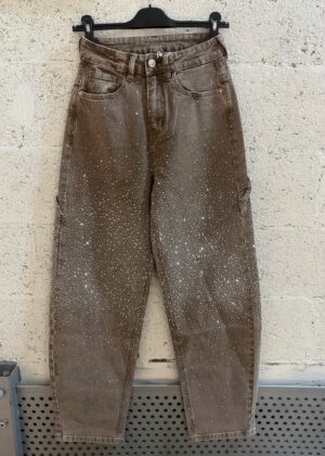 Jeans ballon marron clair strass Melly and co