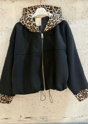 Veste capuche April Vintage noir et léopard