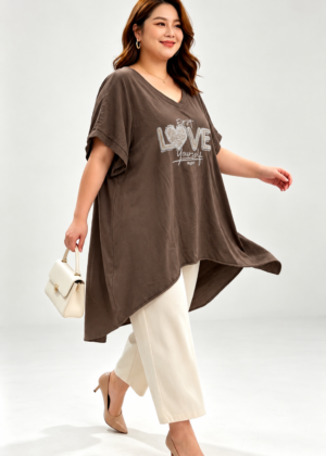 Tunique mi longue grande taille et strass leopard  marron