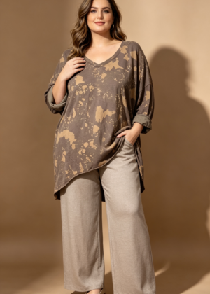 Tunique mi longue grande taille et  marron camel style treillis