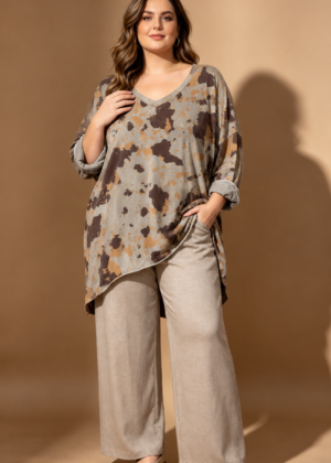 Tunique mi longue grande taille et beige camel style treillis