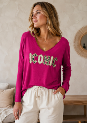 Pull fin iconic léopard fuchsia taille unique