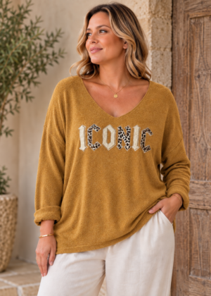 Pull fin iconic léopard camel belle taille