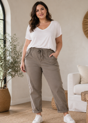 Pantalon magique belle taille taupe poches froufrou