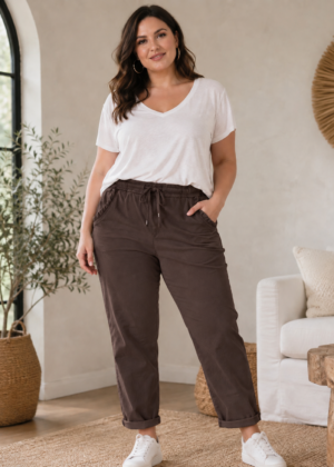 Pantalon magique belle taille marron poches froufrou