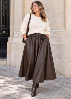 Jupe longue simili marron avec poches taille unique