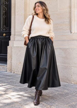 Jupe longue simili noir avec poches grande taille