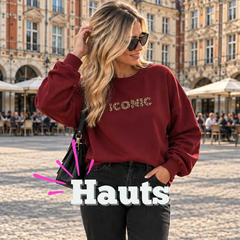 Sweatshirt bordeaux femme brodé Iconic avec pantalon noir.