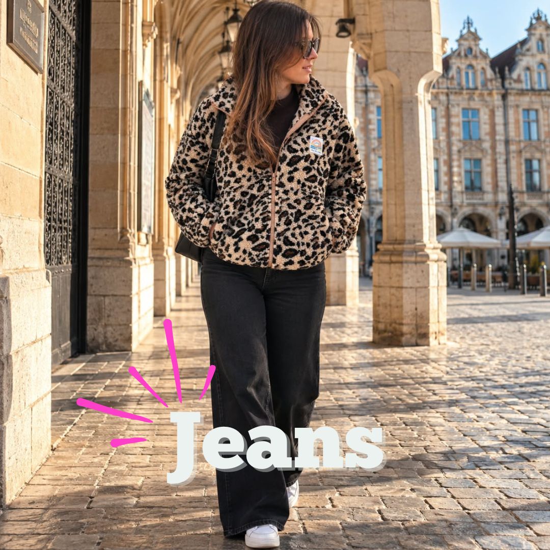 Jean large noir pour femme porté avec une veste polaire motif léopard.