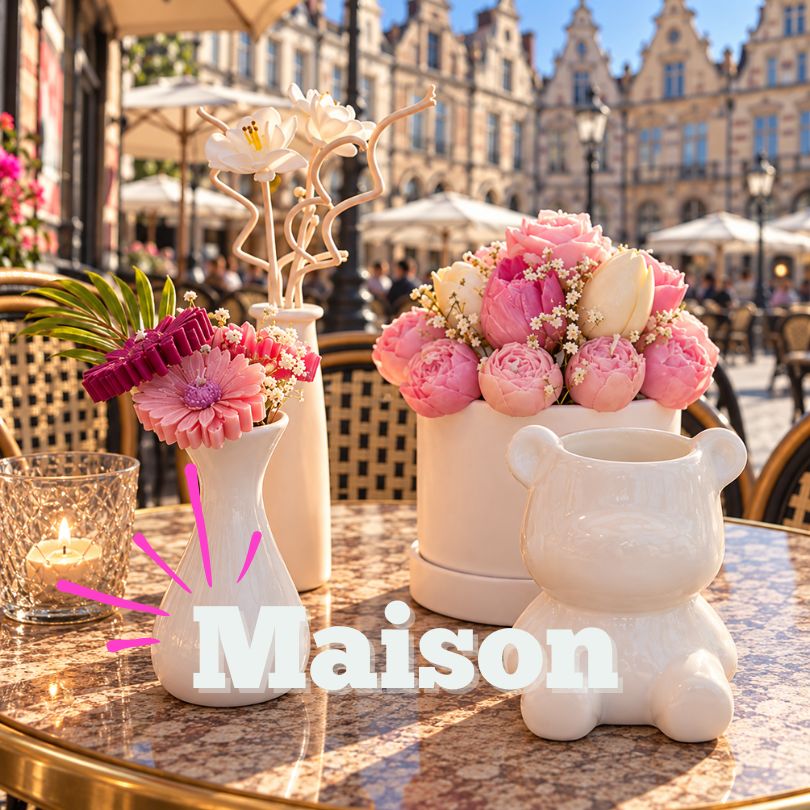 Objets de décoration intérieure : vases blancs design, bouquet de fleurs et bougie.